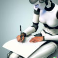 Image générée par Dall-E à partir de la commande : "Futuristic-and-hyper-realistic-vision-of-a-young-humanoid-robot-struggling-to-write-a-text"