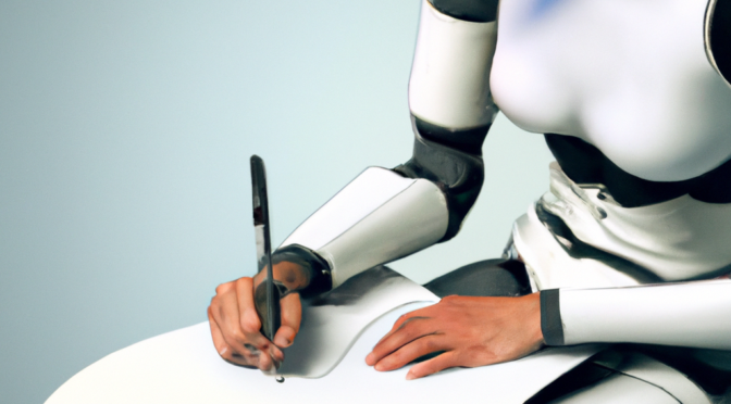 Image générée par Dall-E à partir de la commande : "Futuristic-and-hyper-realistic-vision-of-a-young-humanoid-robot-struggling-to-write-a-text"